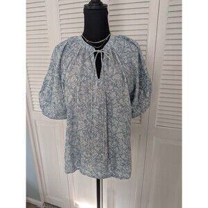 House Of Harlow 1960 Top Womens M Blue Puff Sleeve Cotton Blouse Cottagecore Tie